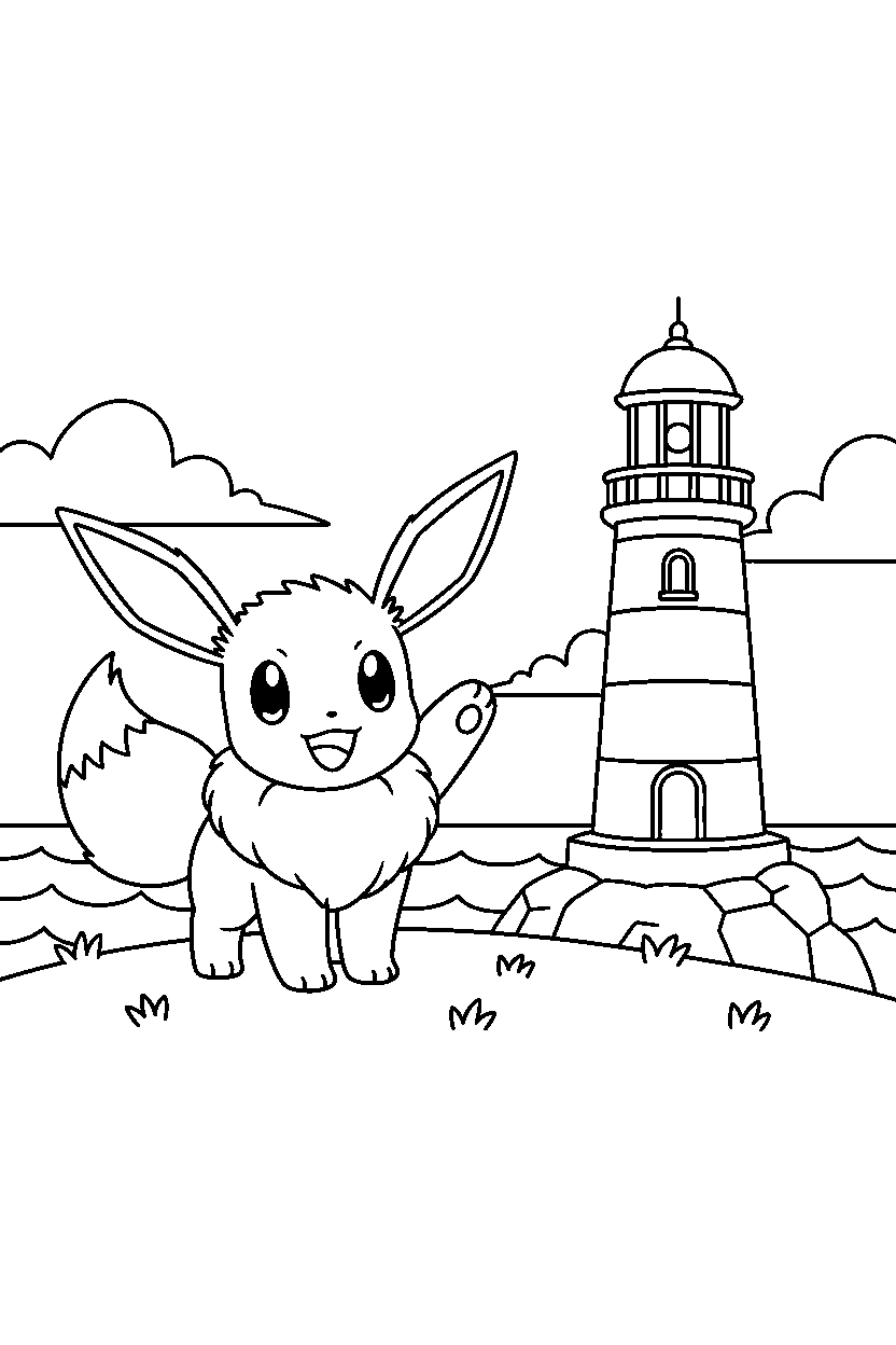 eevee pokemon waving happily near a lighthouse line art