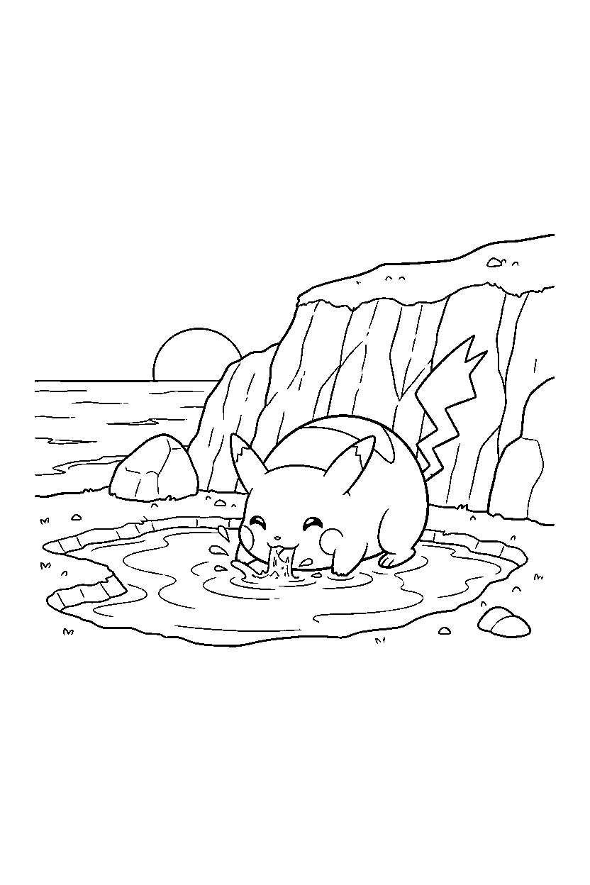 electric pokemon drinking water near a seaside cliff line art