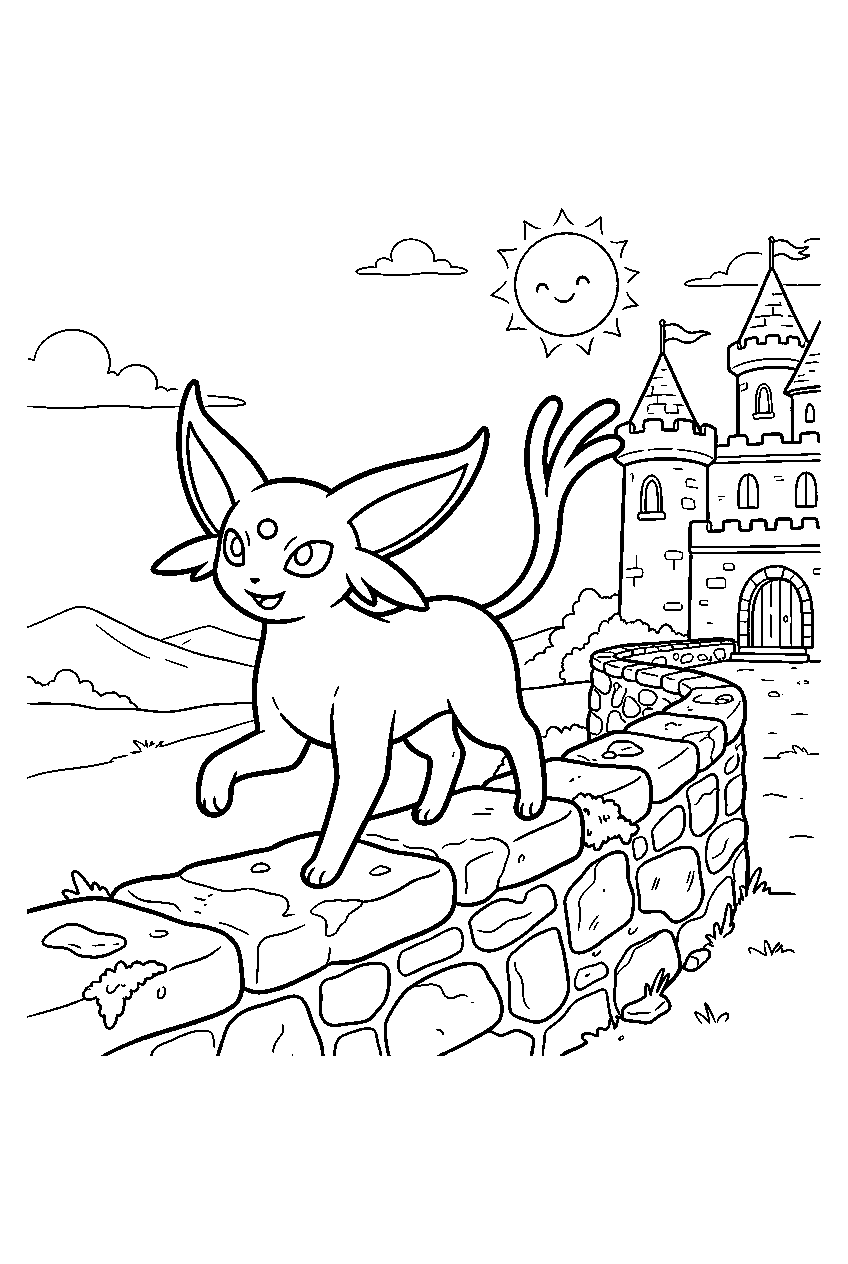 espeon balancing on a stone wall beside a sunlit castle line art