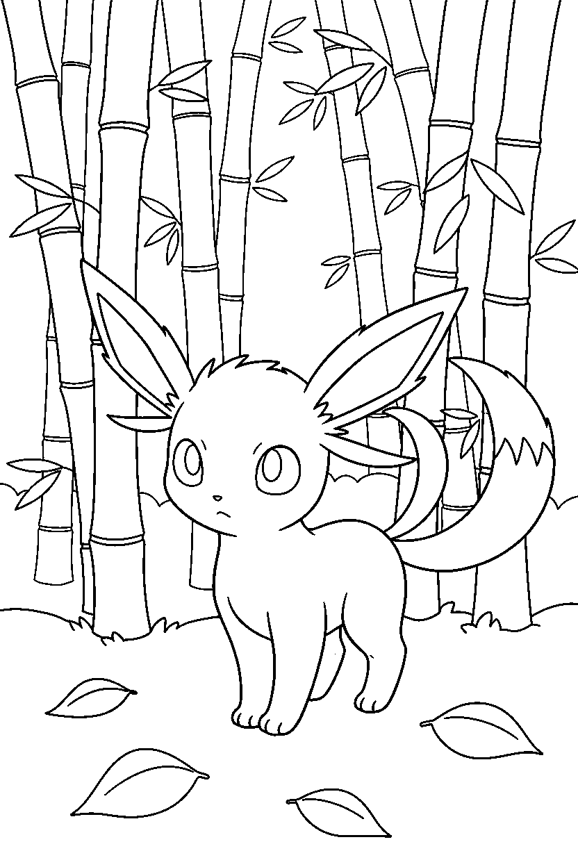 espeon pokemon looking curious in a bamboo forest line art