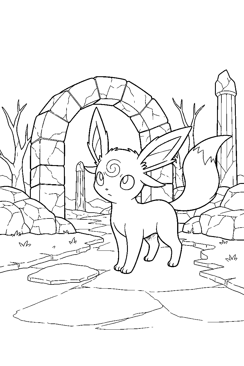 espeon pokemon looking curious near ancient ruins line art