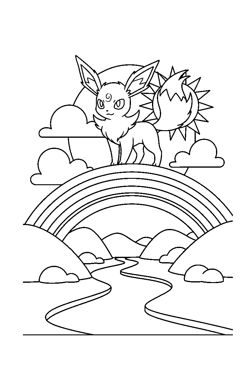 espeon pokemon posing proudly in a rainbow valley line art