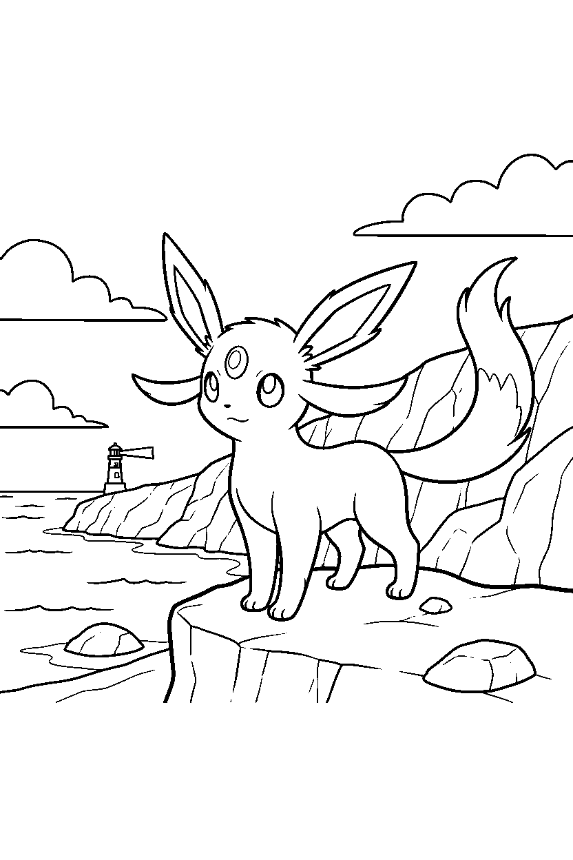 espeon pokemon posing proudly near a seaside cliff line art