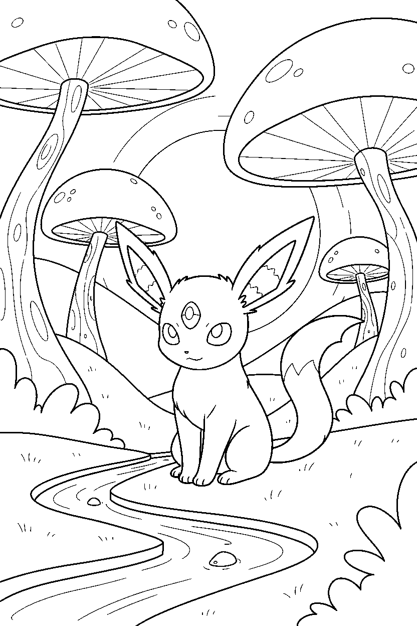 espeon pokemon sitting peacefully in a magical valley line art