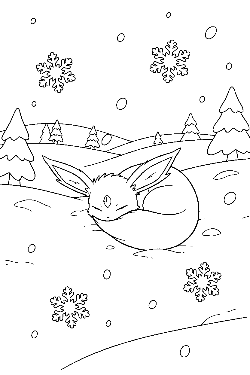 espeon pokemon sleeping peacefully in a snowy field line art