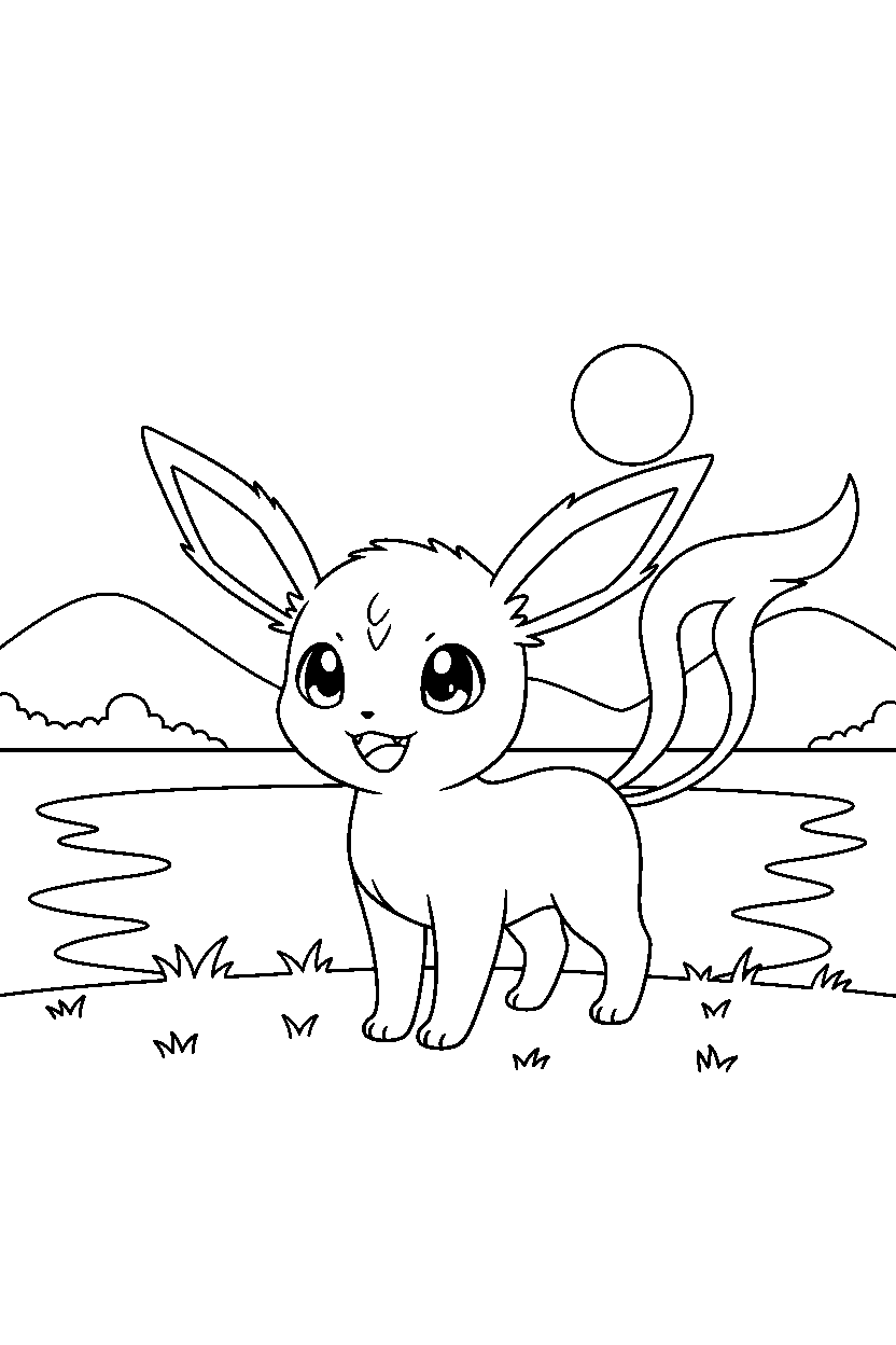espeon pokemon smiling happily near a peaceful lake line art