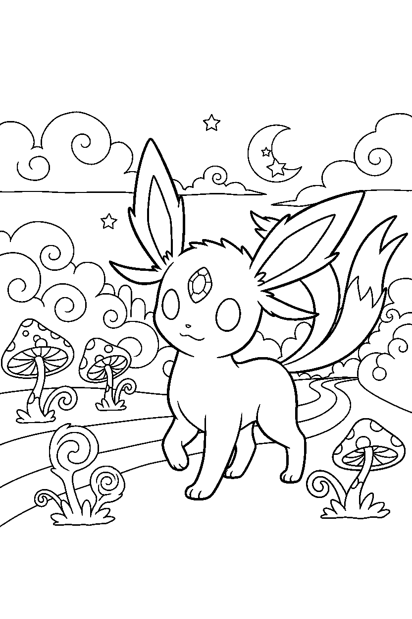 espeon pokemon walking gently in a magical landscape line art