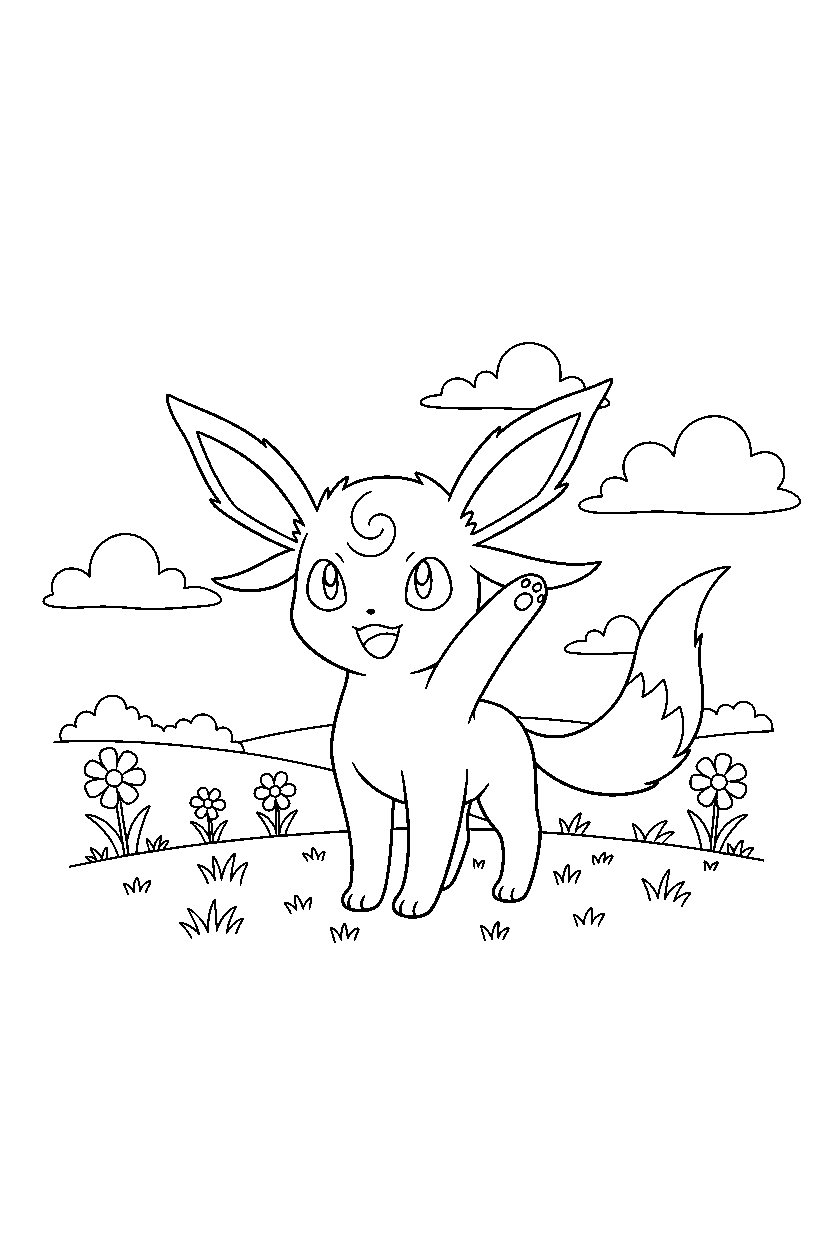 espeon pokemon waving happily in a countryside field line art