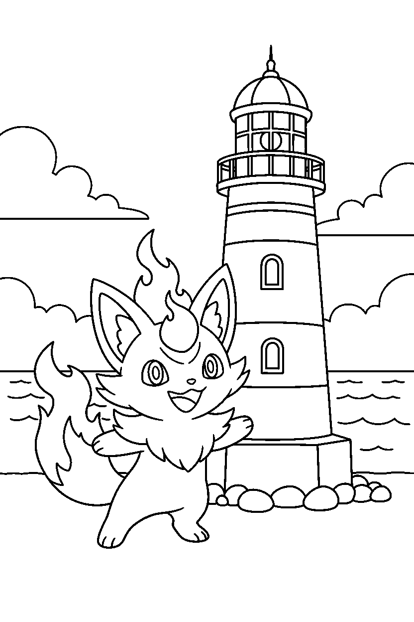 fire pokemon smiling happily near a lighthouse line art