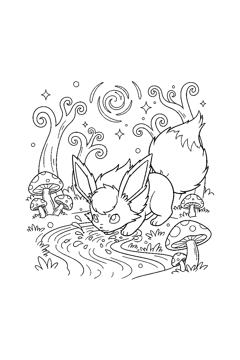 flareon pokemon drinking water in a magic forest line art