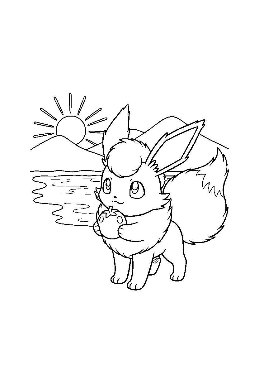 flareon pokemon holding a berry near a peaceful lake line art