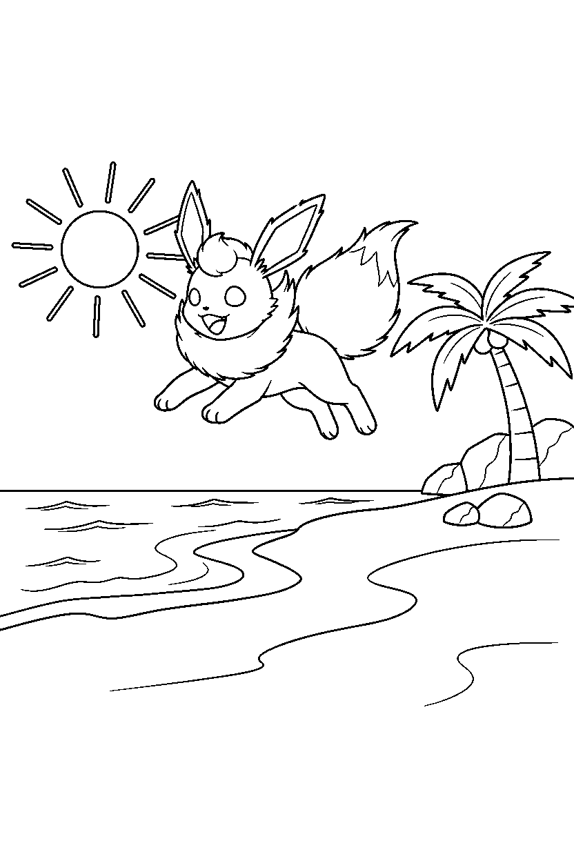 flareon pokemon jumping happily on a sunny beach line art