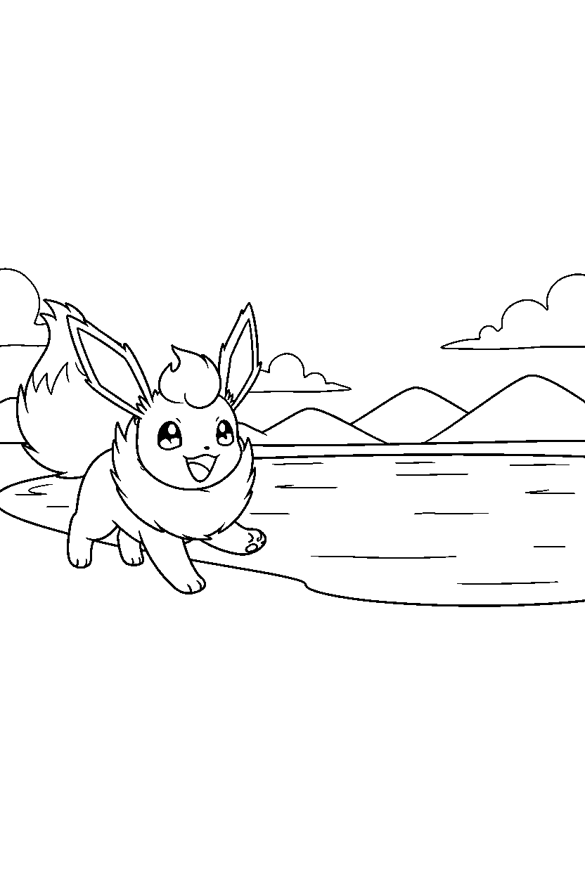 flareon pokemon looking excited near a peaceful lake line art