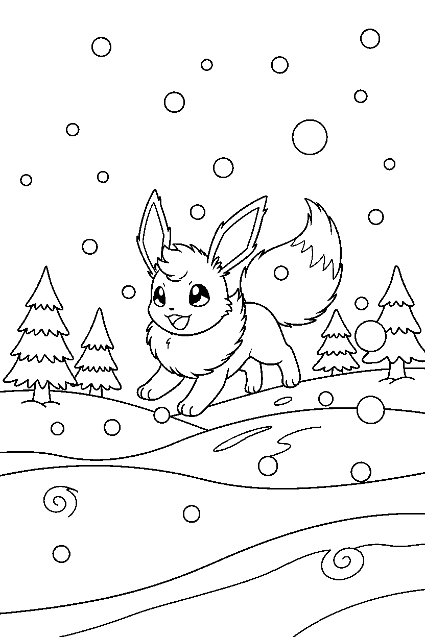 flareon pokemon playing happily in a winter landscape line art
