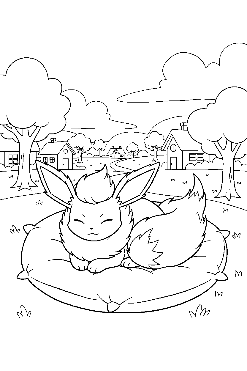 flareon pokemon resting peacefully in a peaceful village line art