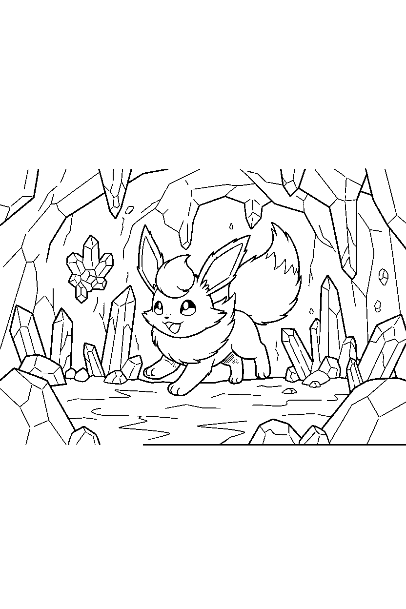 flareon pokemon running happily inside a crystal cave line art
