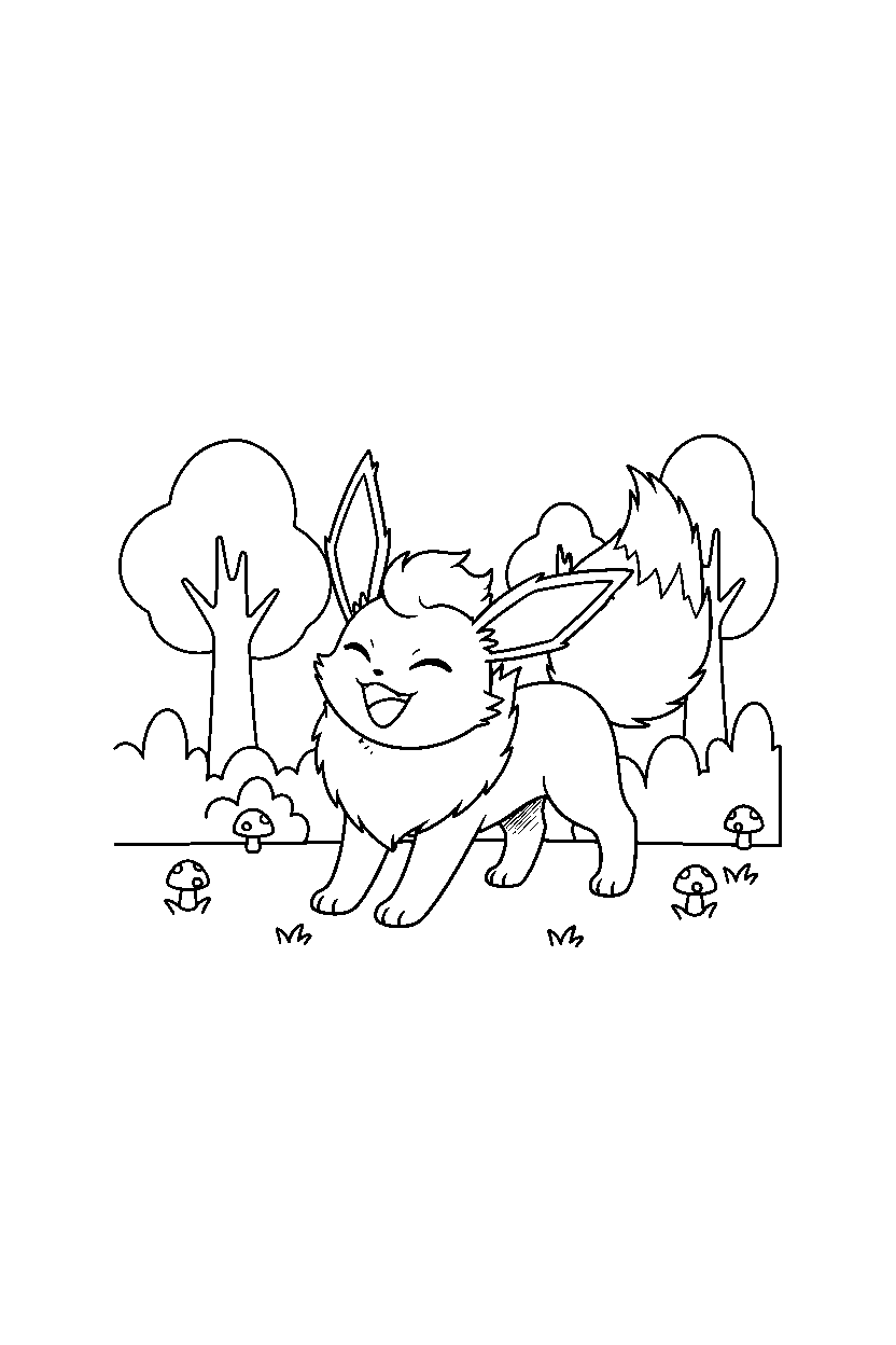 flareon pokemon stretching happily in a hidden forest line art