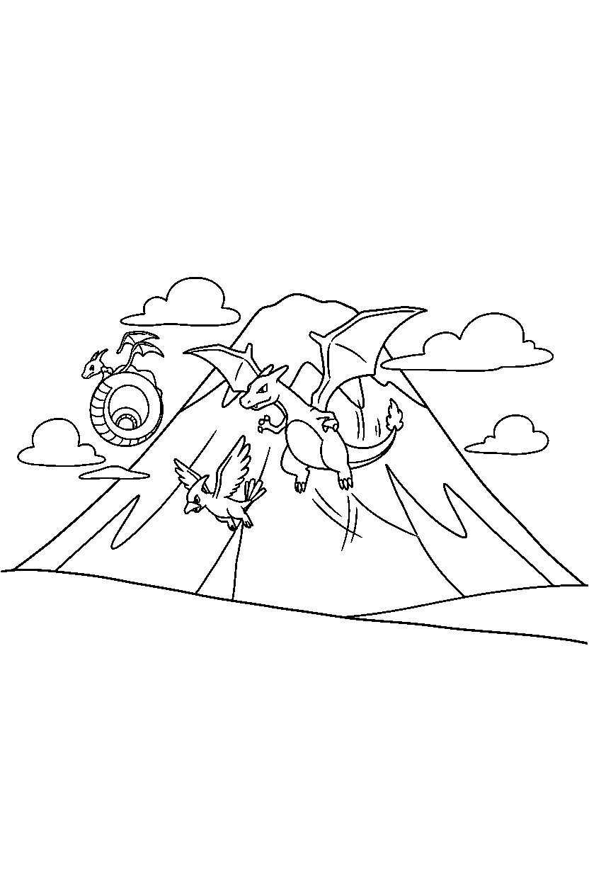 flying pokemon training hard near a mountain line art