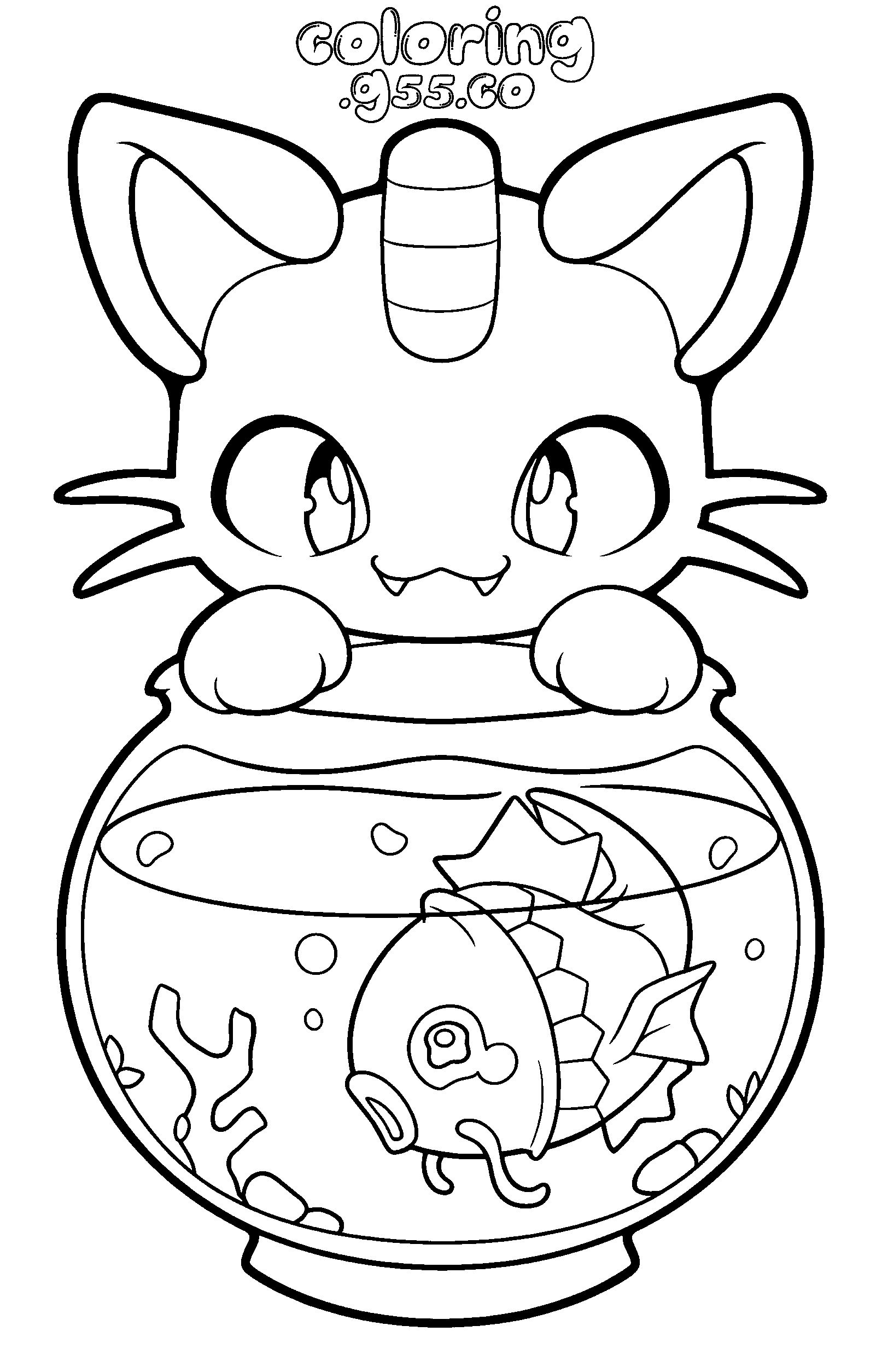 kawaii meowth pokemon fishbowl line art for kids