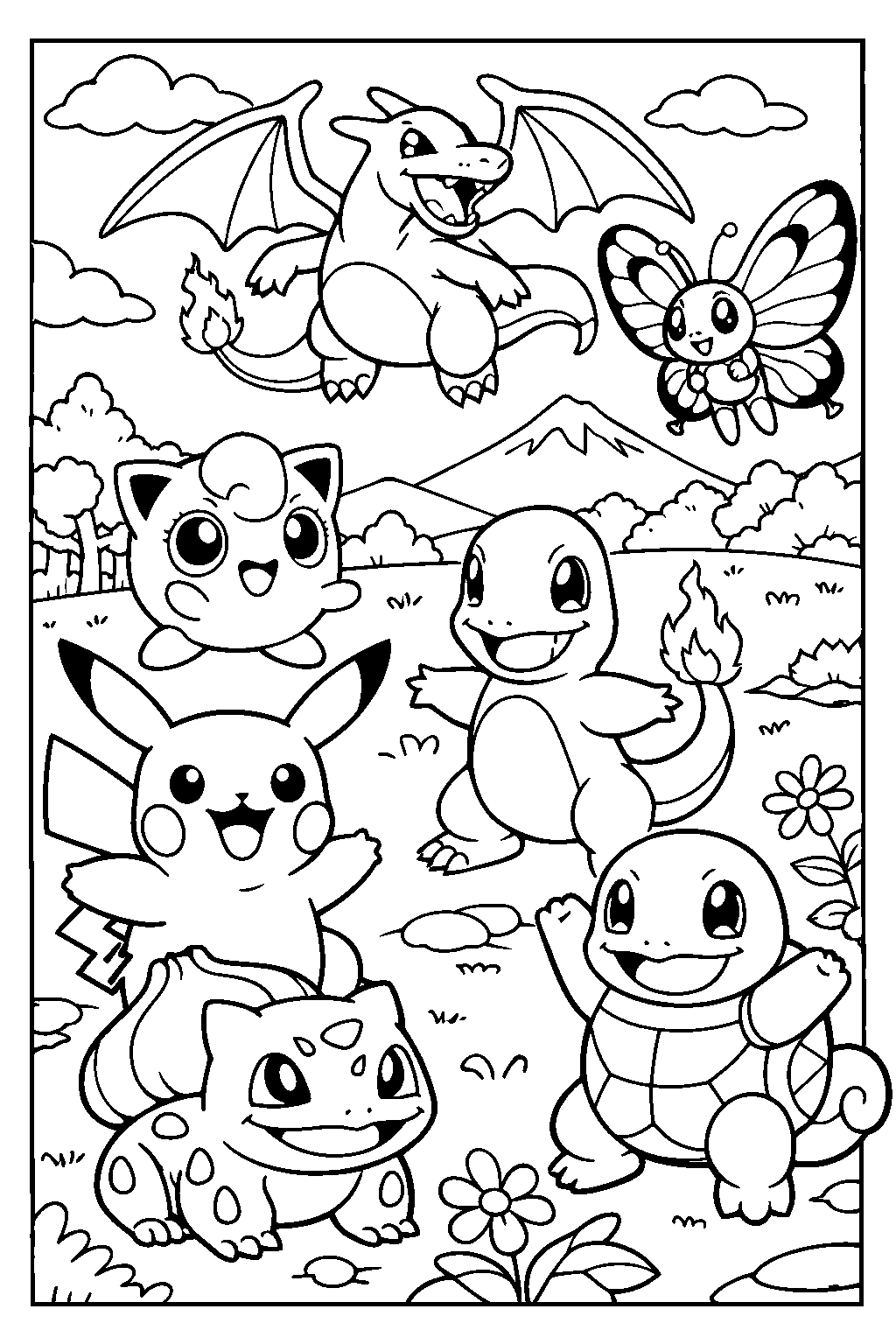 pokemon line art pikachu charmander squirtle bulbasaur jigglypuff charizard