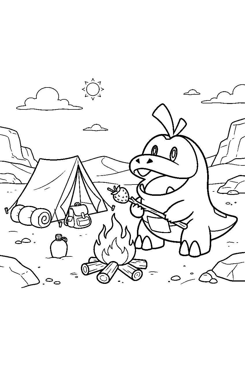 fuecoco roasting a berry beside a desert campsite line art