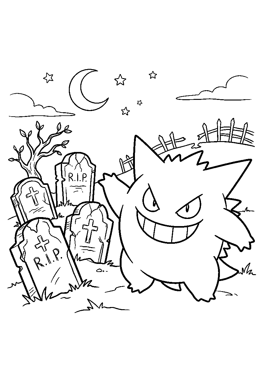 gengar grinning beside crooked tombstones in a moonlit graveyard line art