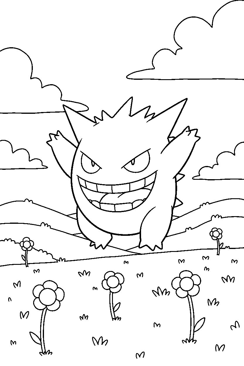 gengar pokemon celebrating happily in a countryside field line art