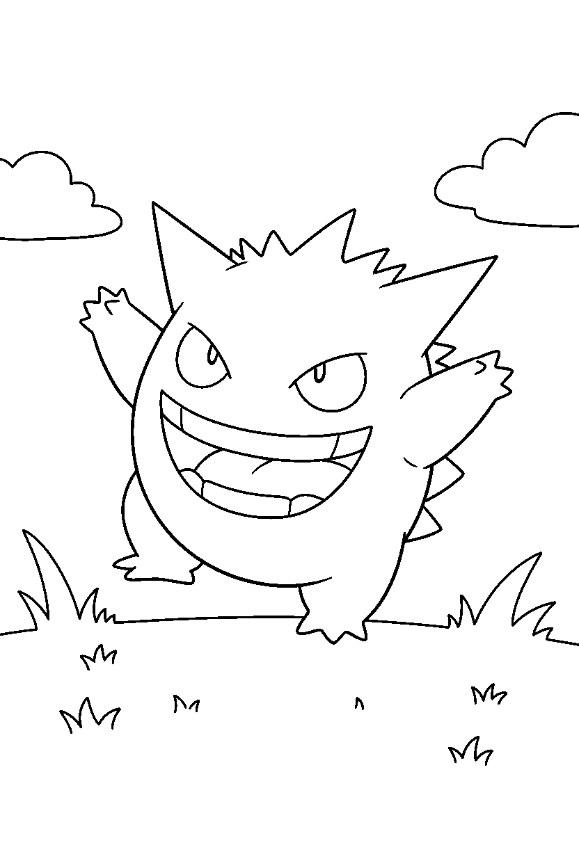 gengar pokemon celebrating happily in a grassy field line art
