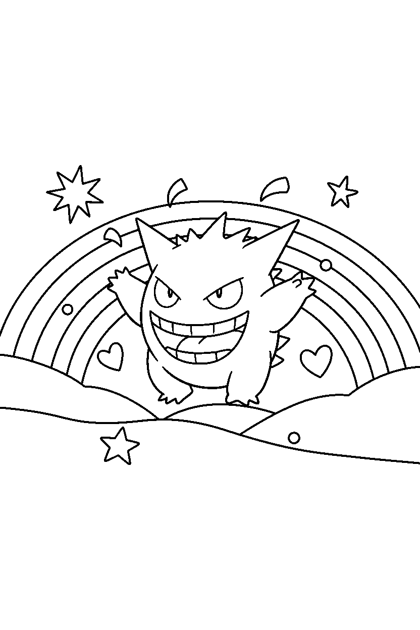 gengar pokemon celebrating happily in a rainbow valley line art