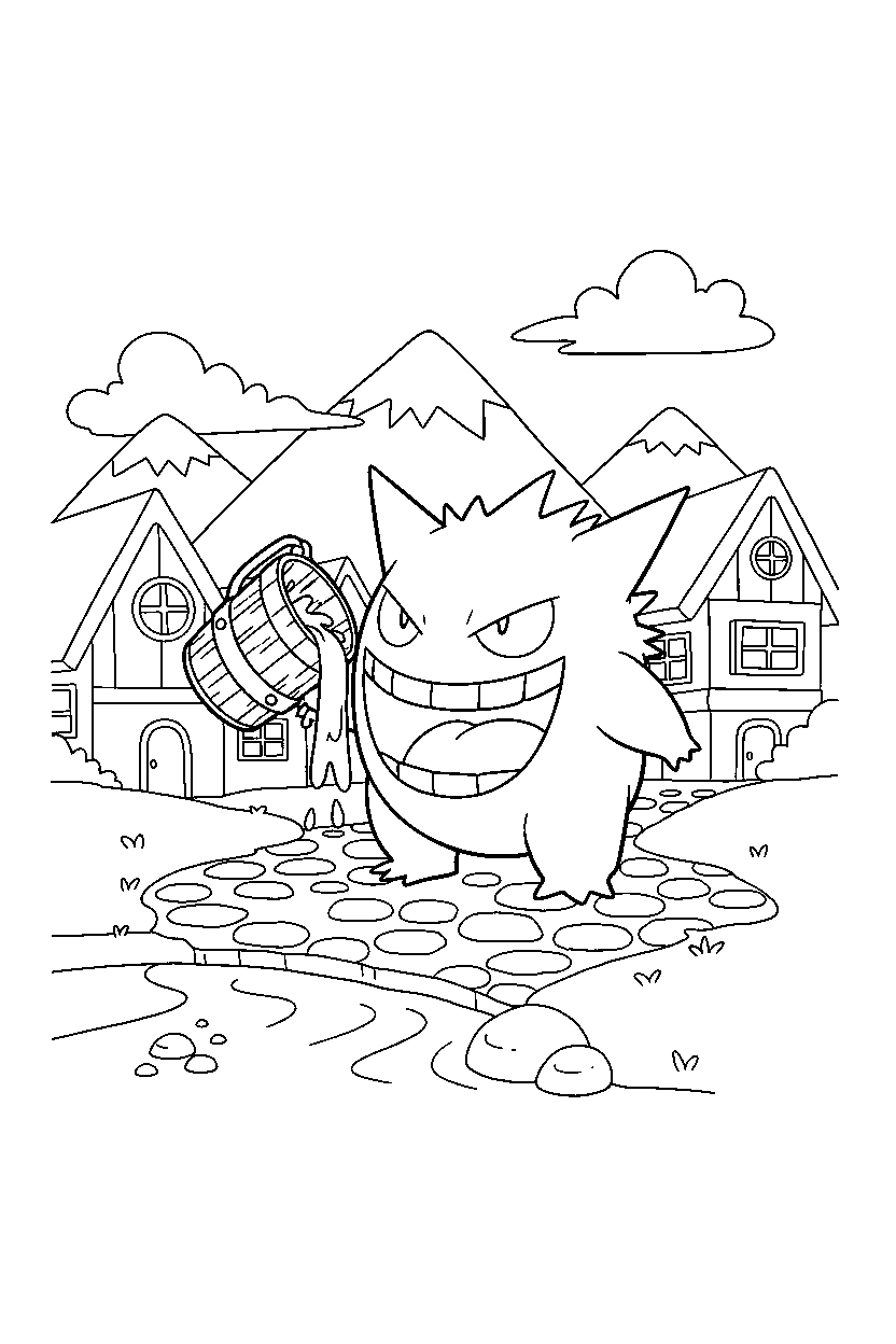 gengar pokemon drinking water in a mountain village line art