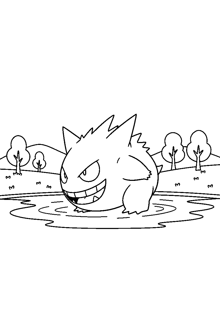 gengar pokemon drinking water near a peaceful lake line art