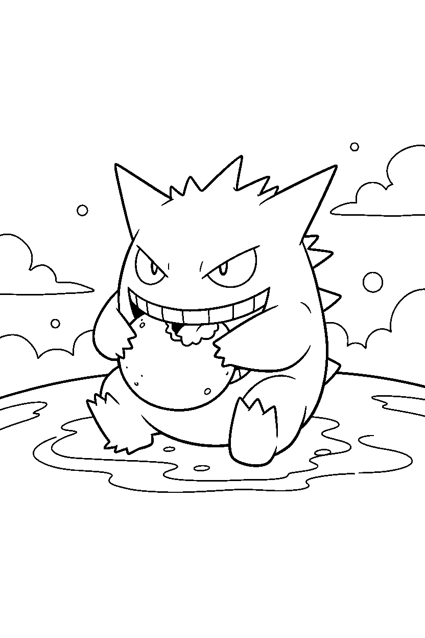 gengar pokemon eating a snack on a glowing plain line art