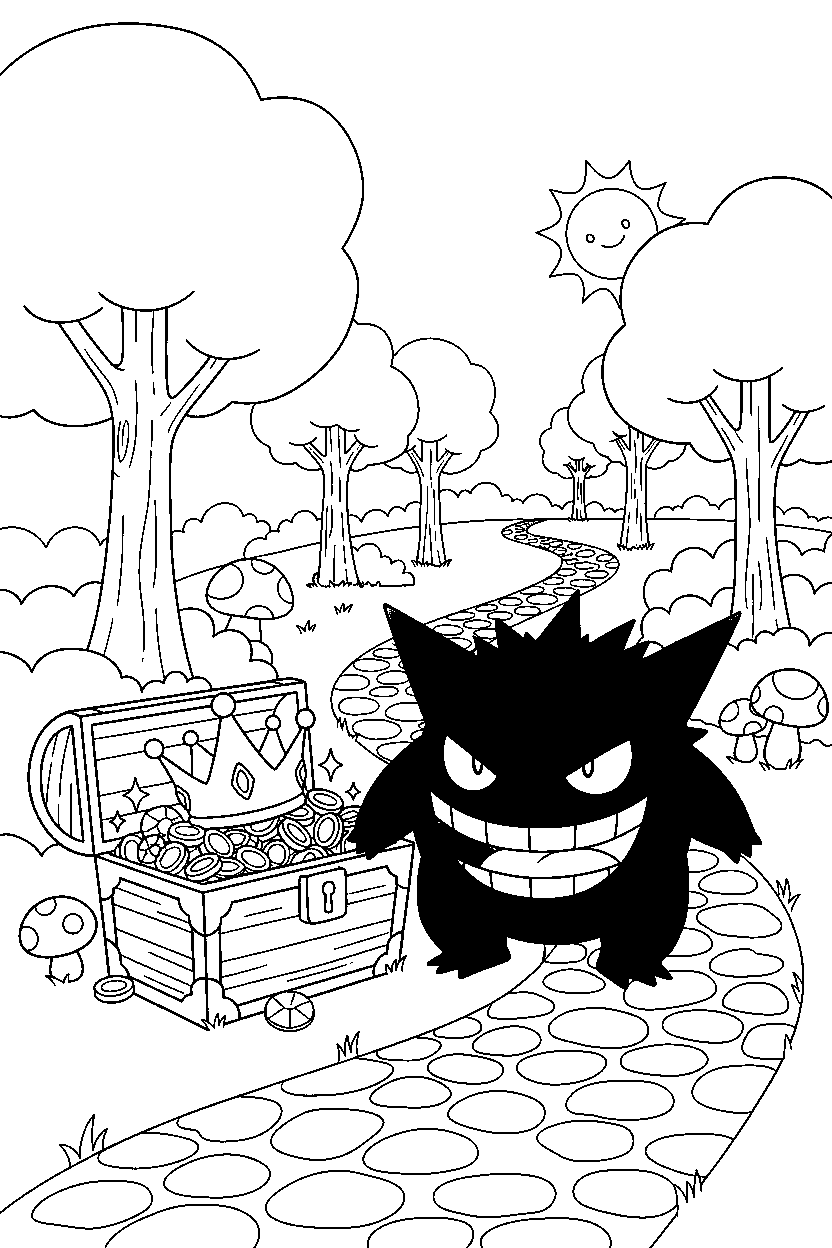 gengar pokemon finding a treasure near a forest path line art