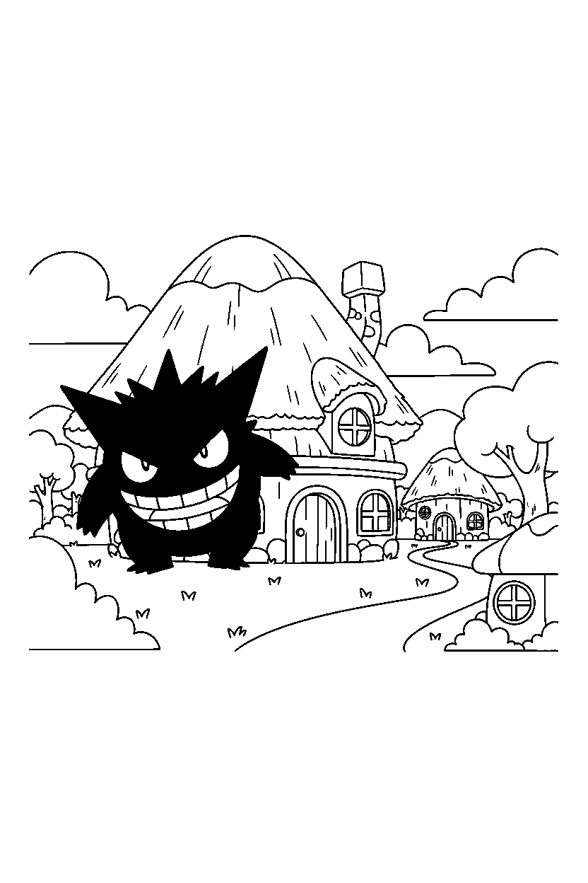 gengar pokemon hiding playfully in a peaceful village line art