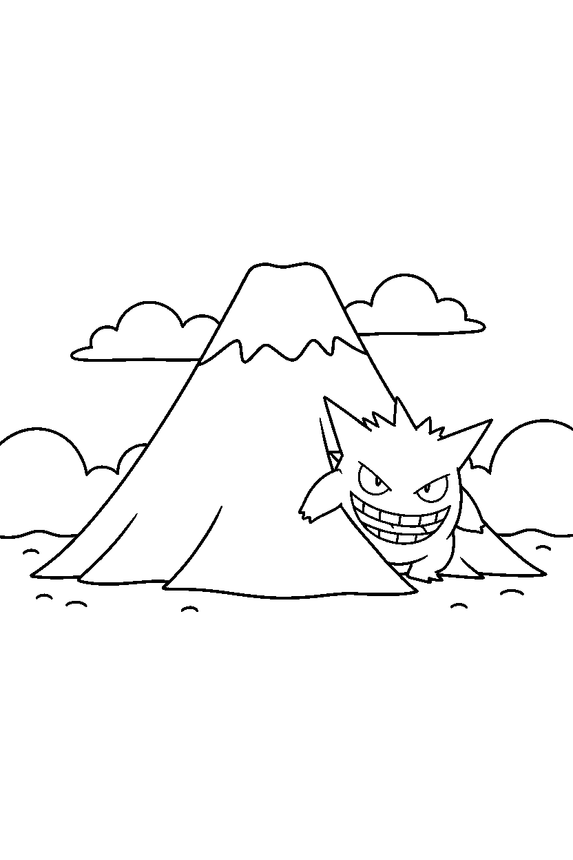 gengar pokemon hiding playfully near a mountain line art