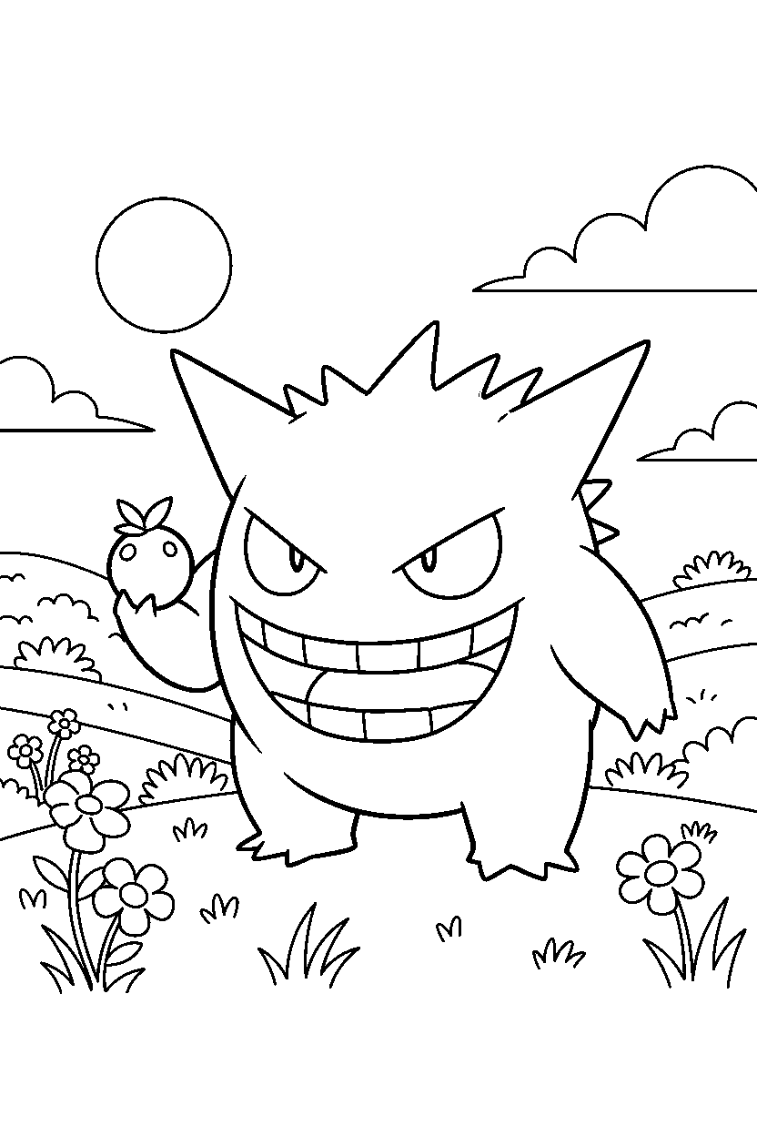 gengar pokemon holding a berry in a countryside field line art