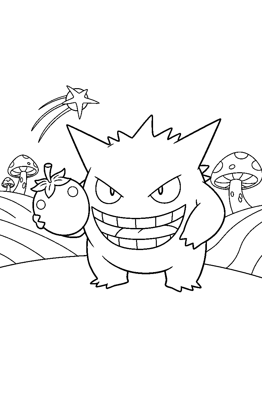 gengar pokemon holding a berry in a magical landscape line art
