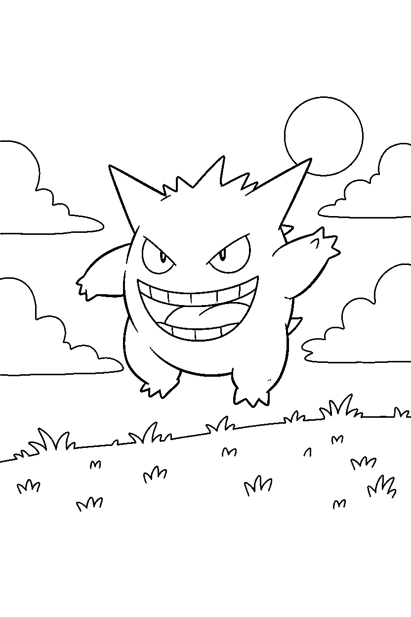 gengar pokemon jumping happily in a grassy field line art