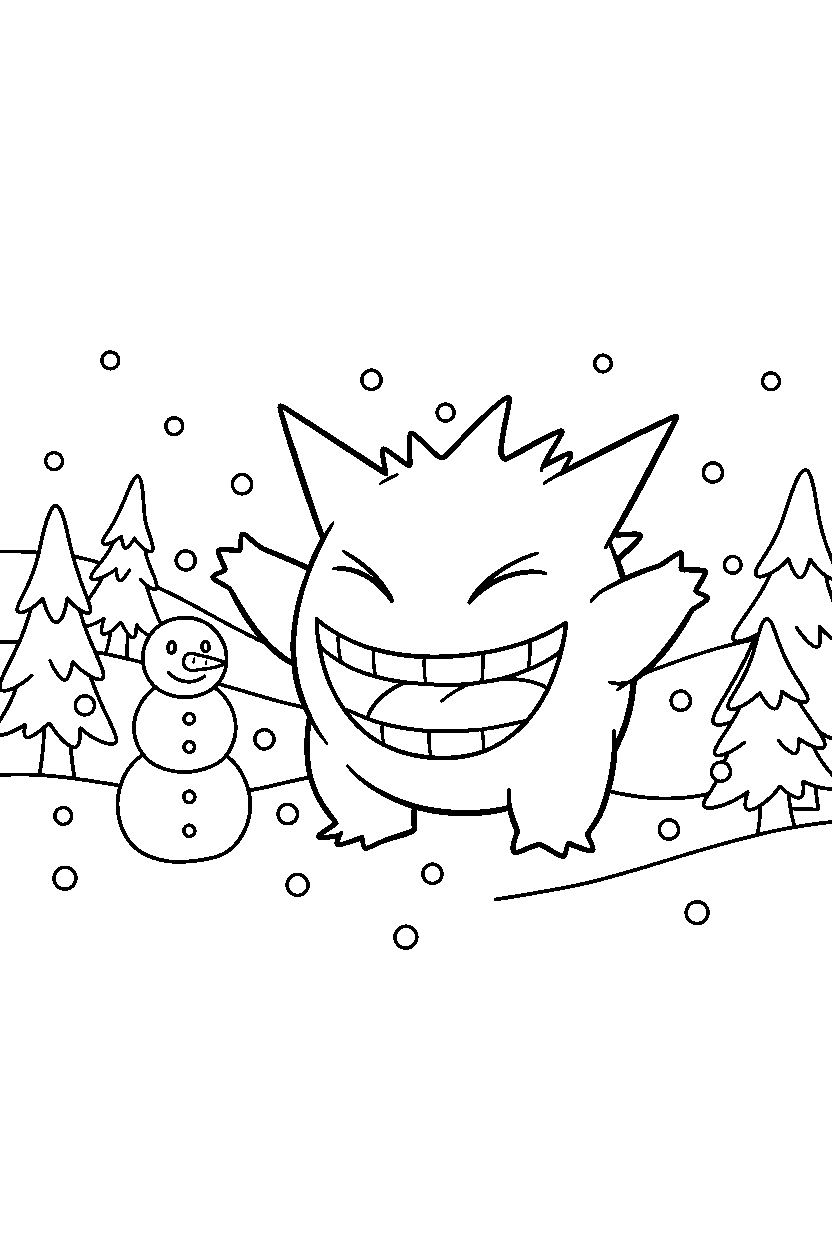 gengar pokemon looking happy in a winter landscape line art