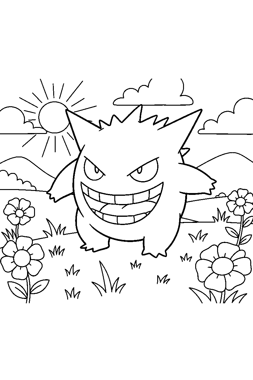 gengar pokemon playing happily in a countryside field line art
