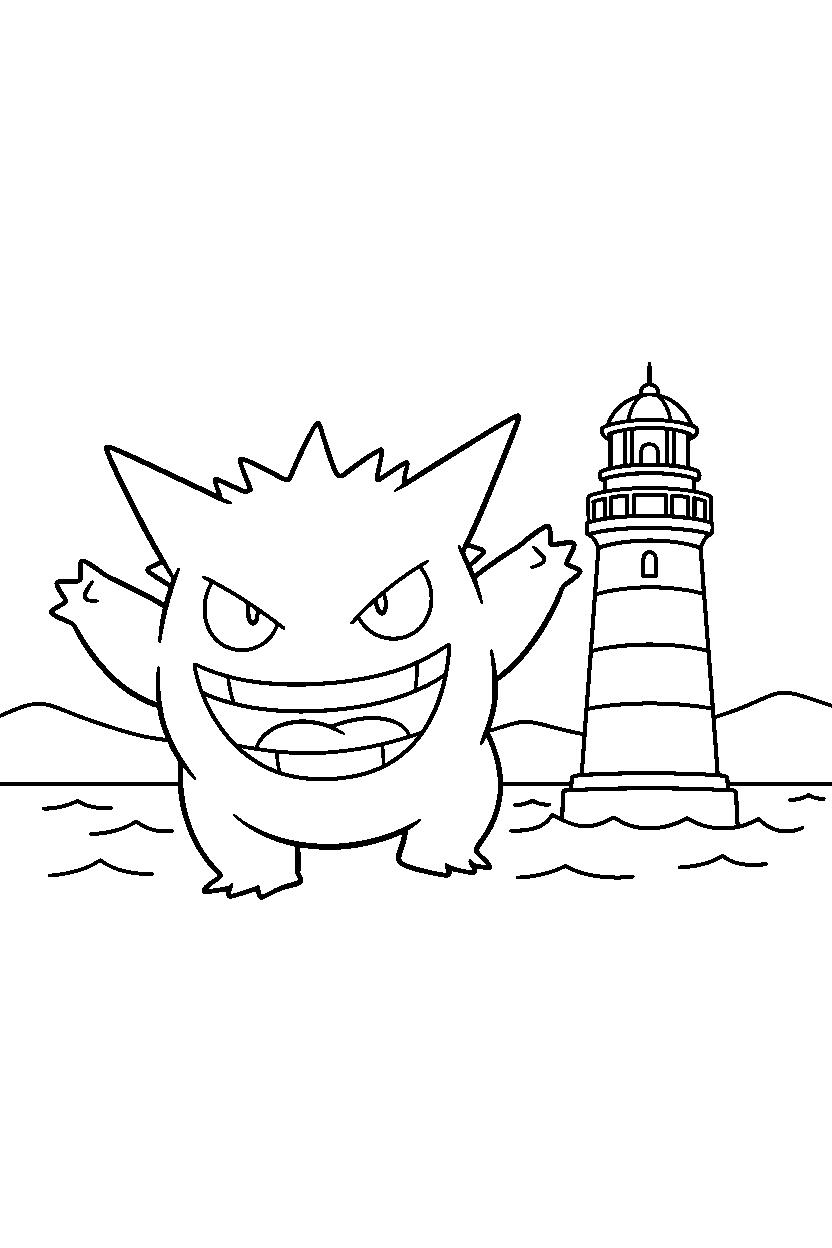 gengar pokemon playing happily near a lighthouse line art
