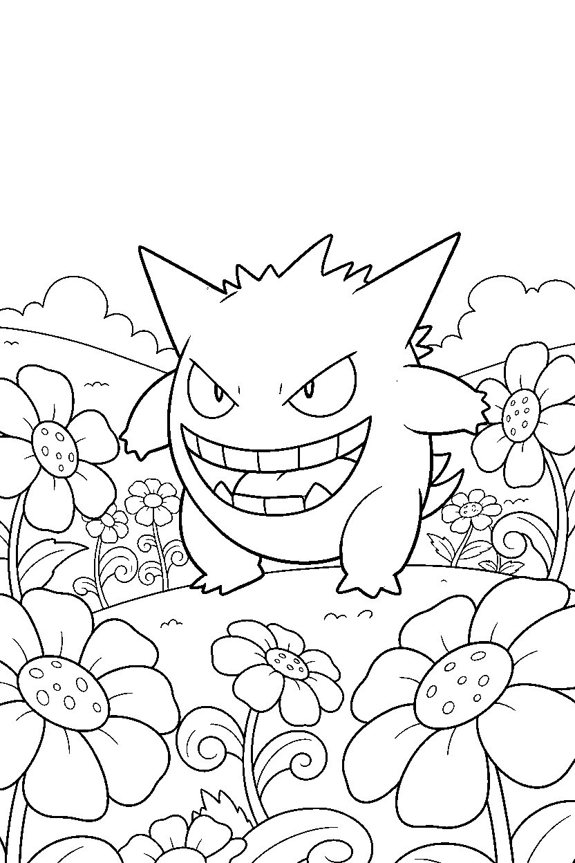 gengar pokemon running happily in a flower field line art