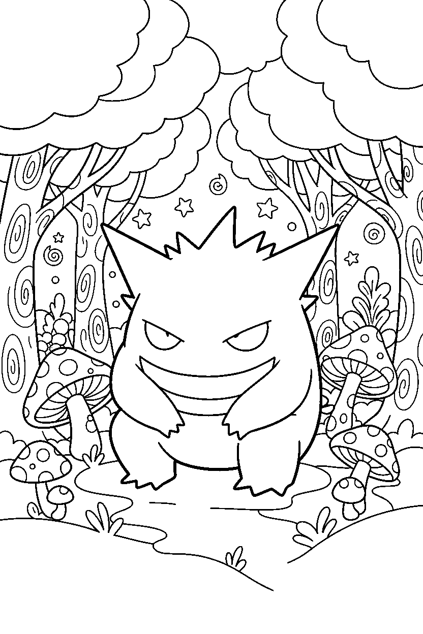 gengar pokemon sitting peacefully in a magic forest line art