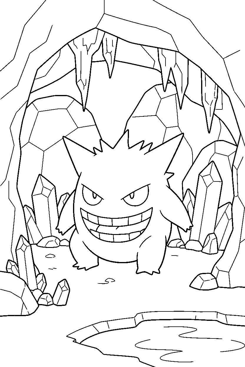 gengar pokemon sitting peacefully inside a crystal cave line art