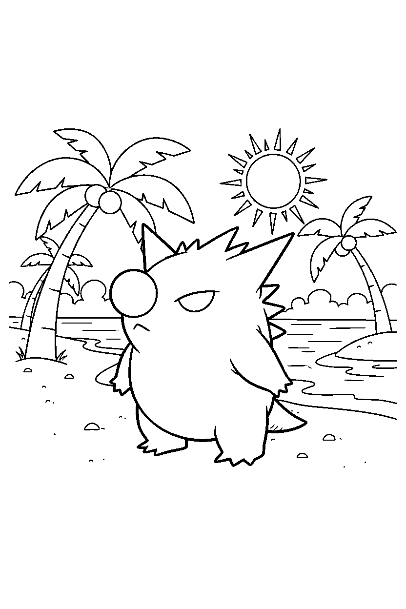 gengar pokemon sniffing the air on a sunny beach line art