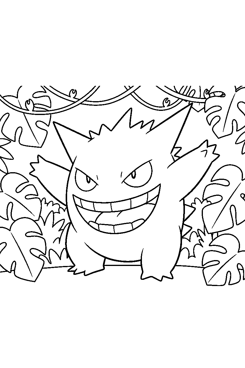 gengar pokemon stretching happily in a jungle line art