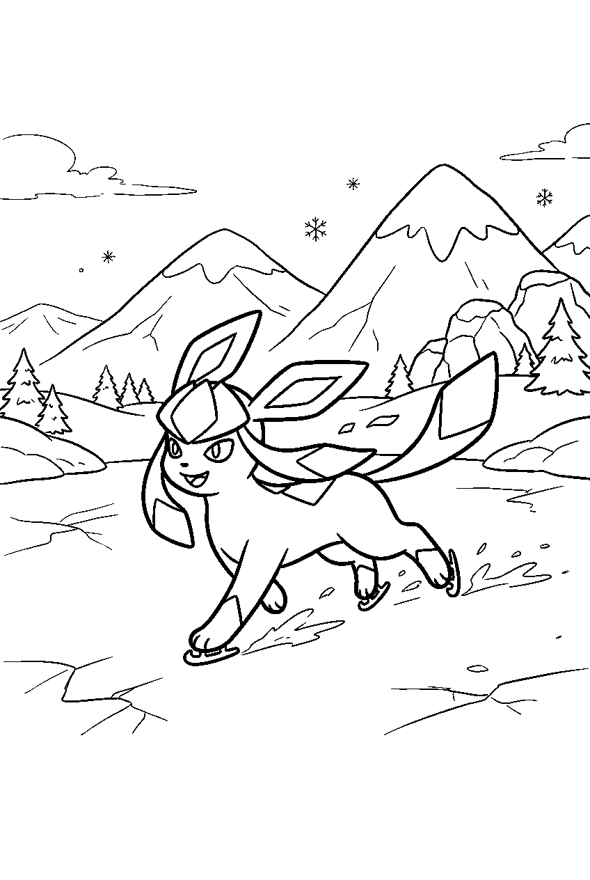 glaceon skating across a frozen lake below snowy mountains line art