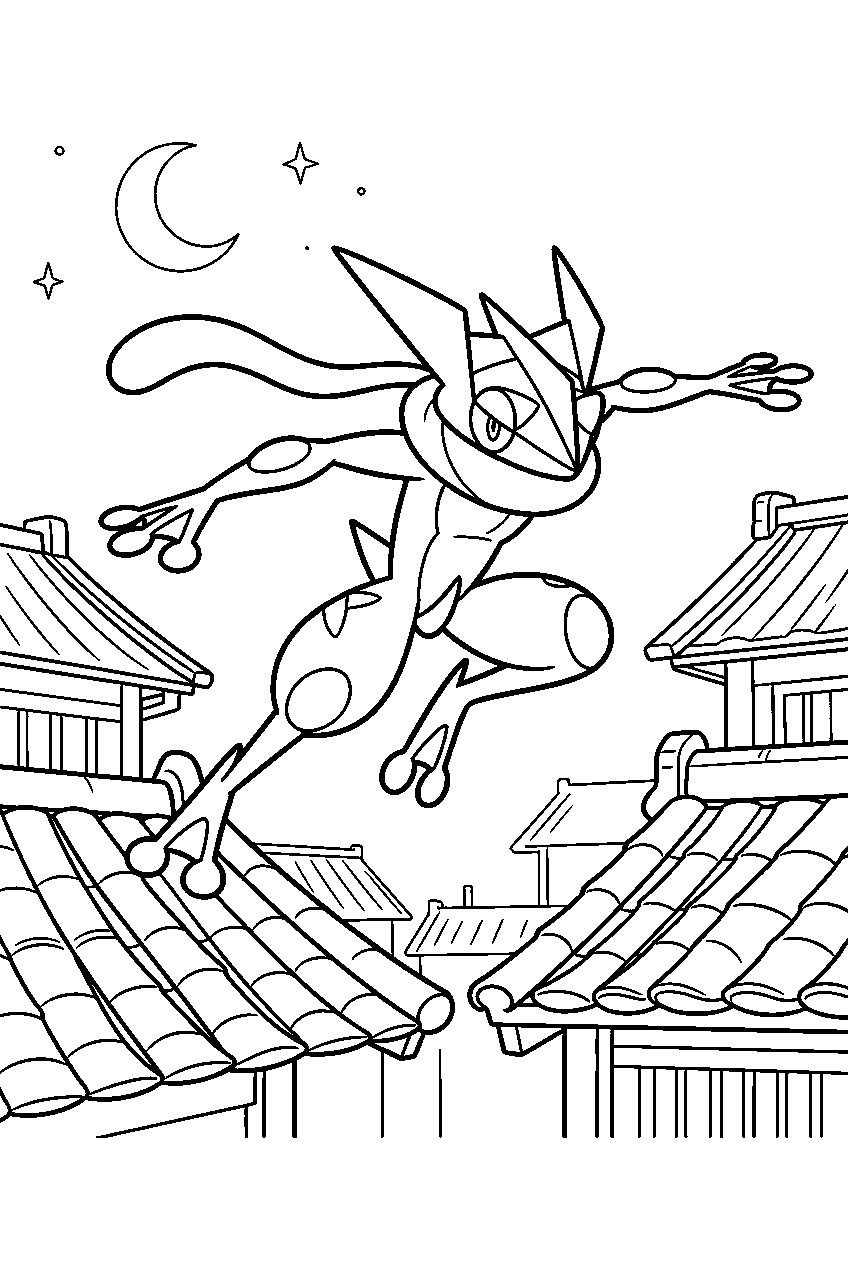 greninja leaping between rooftops in a moonlit town line art