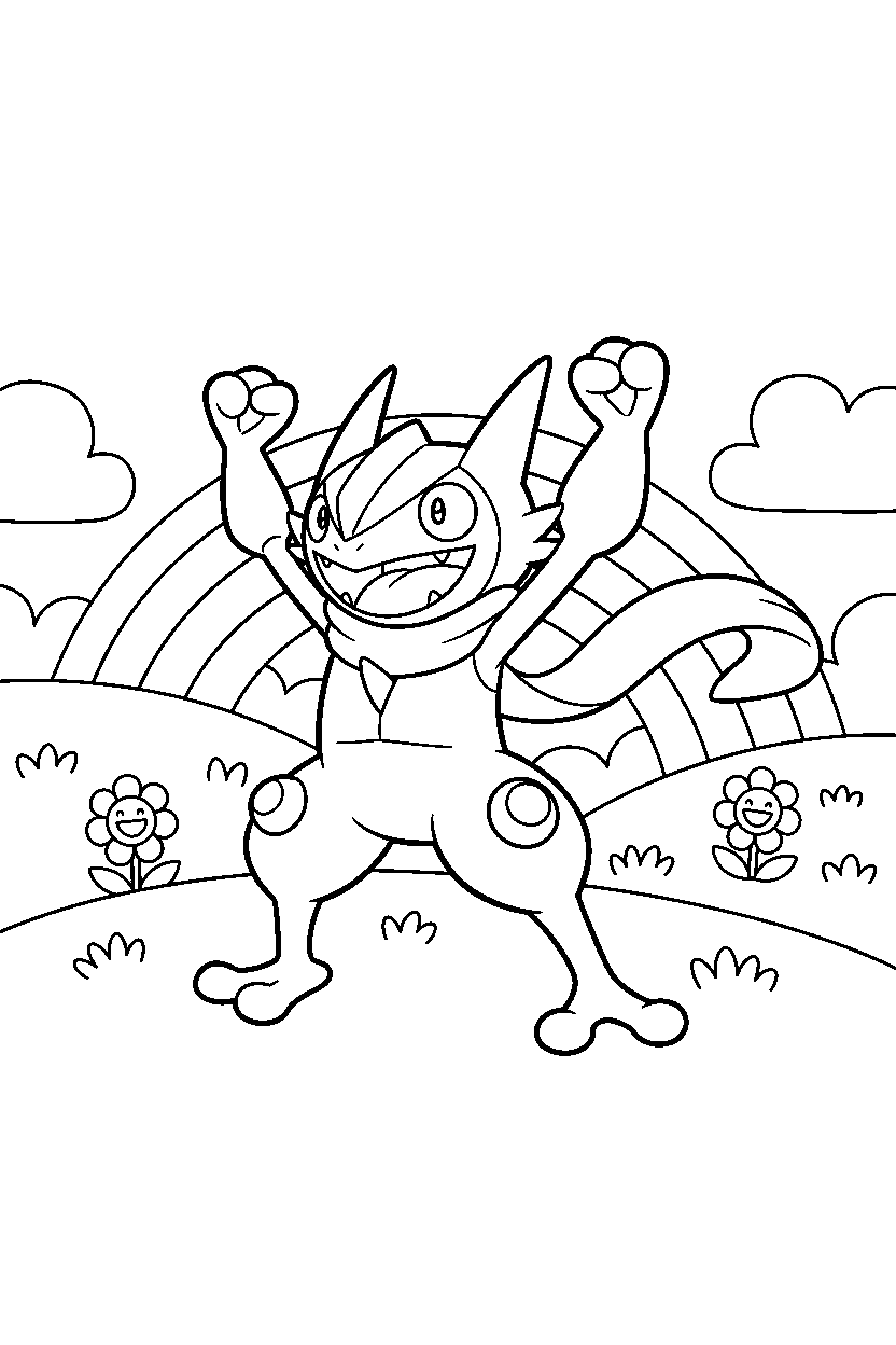greninja pokemon cheering happily in a rainbow valley line art