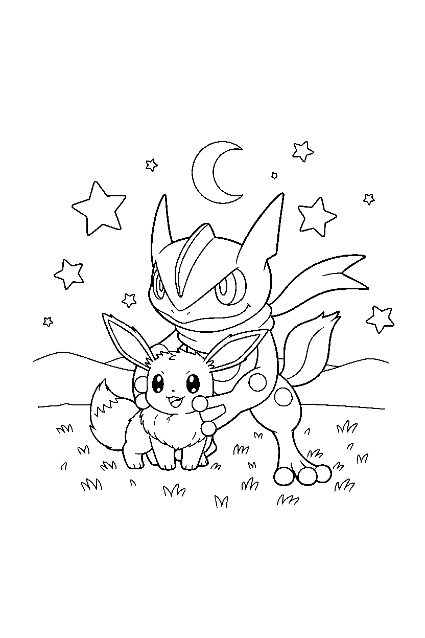 greninja pokemon hugging a friend on a starry night field line art
